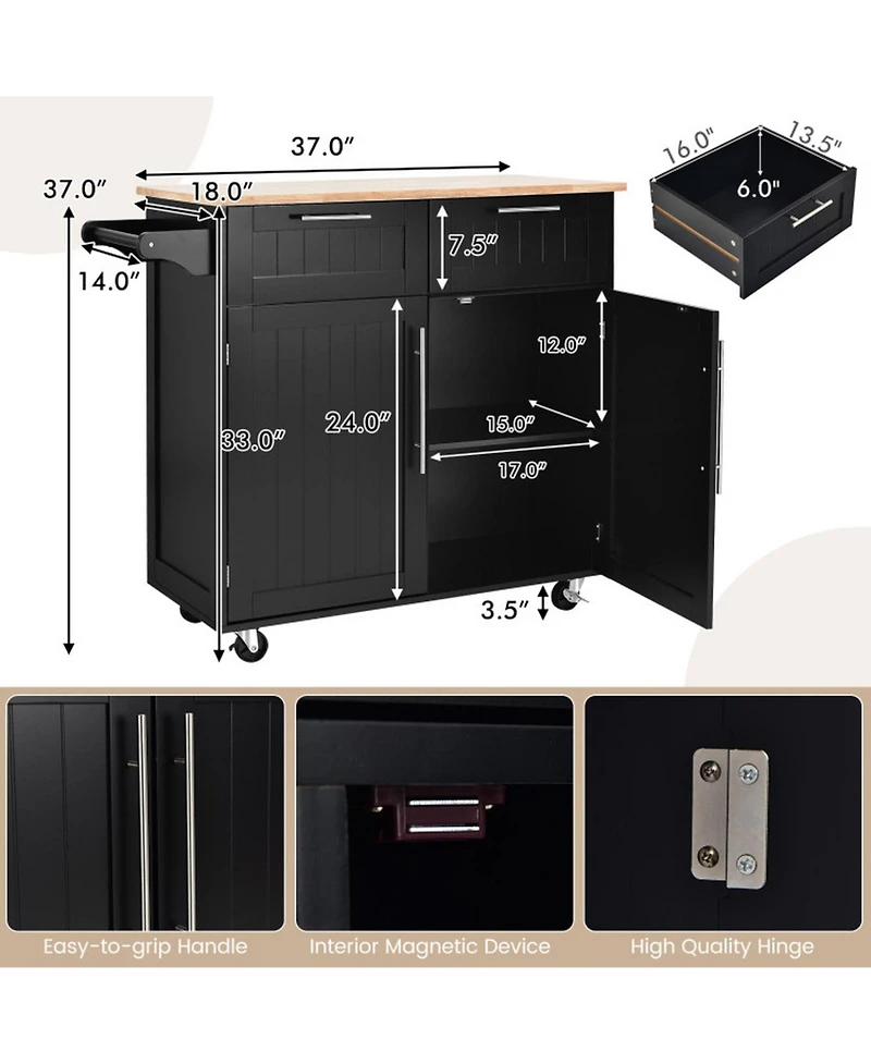 Gouun Rolling Kitchen Island Cart with Rubber Wood Top, Drawers, and Cabinet