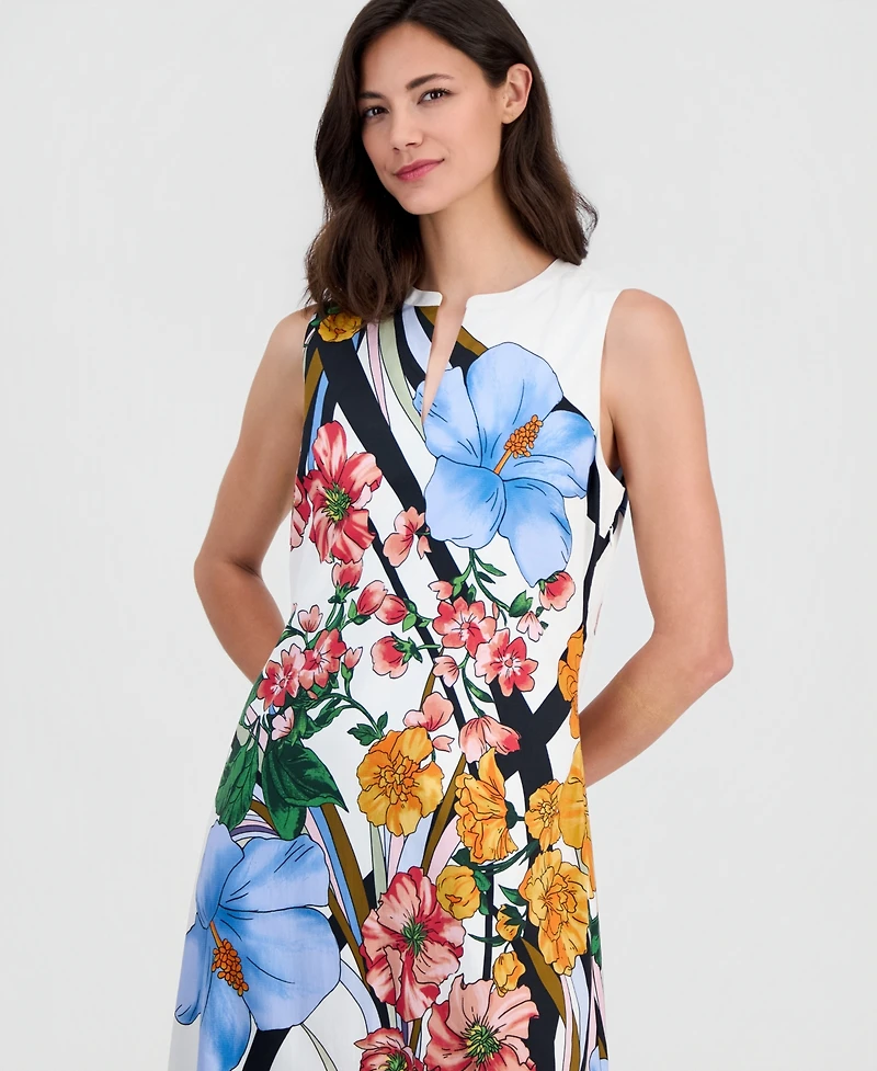 T Tahari Women's Printed Split-Neck Sleeveless Dress
