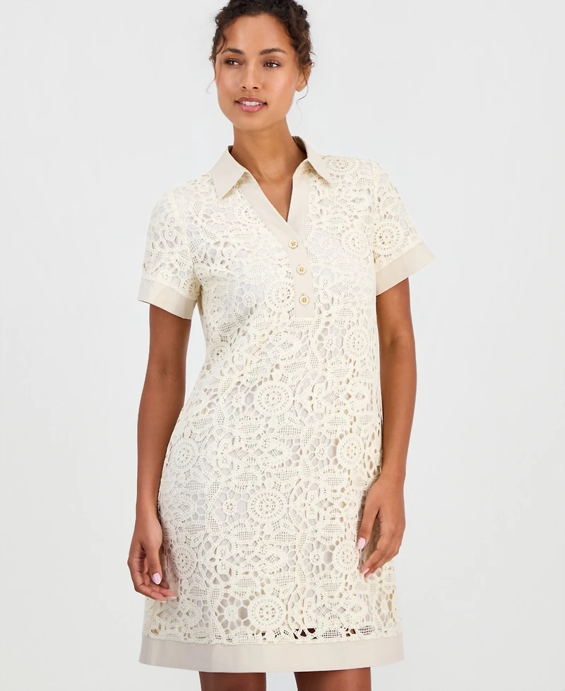 T Tahari Women's Cotton Collared Lace Shift Dress