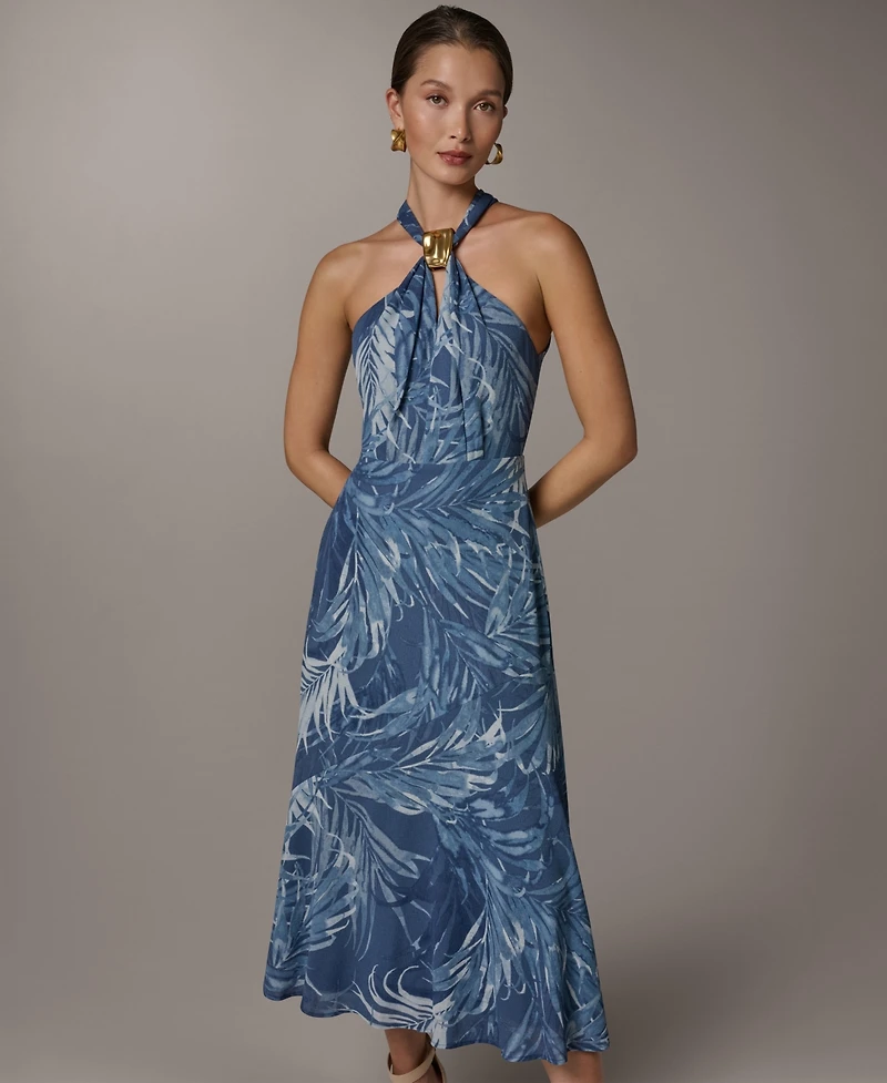 Donna Karan New York Women's Halter Chiffon A-Line Sleeveless Midi Dress