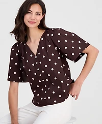 T Tahari Women's Printed V-Neck Pleat-Shoulder Blouse