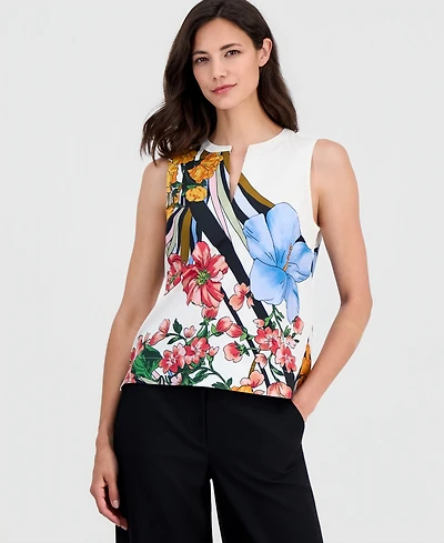 T Tahari Women's Printed Split-Neck Sleeveless Top