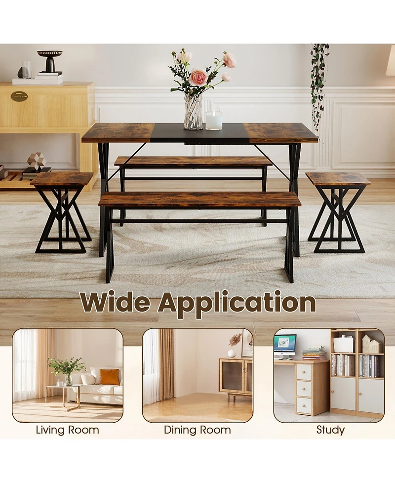 Sugift 5-Piece Industrial Dining Room Set Rectangular Kitchen Table with 2 Benches and 2 Stools