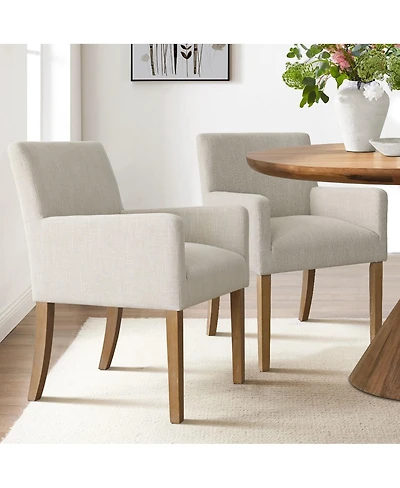 Maison Boucle Set of 2 Linen Upholstered Dining Arm Chairs, Solid Wood Legs