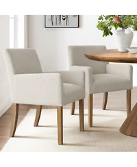Maison Boucle Set of 2 Linen Upholstered Dining Arm Chairs, Solid Wood Legs