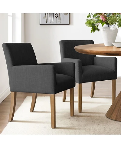 Maison Boucle Set of 2 Linen Upholstered Dining Arm Chairs, Solid Wood Legs