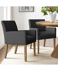 Maison Boucle Set of 2 Linen Upholstered Dining Arm Chairs, Solid Wood Legs