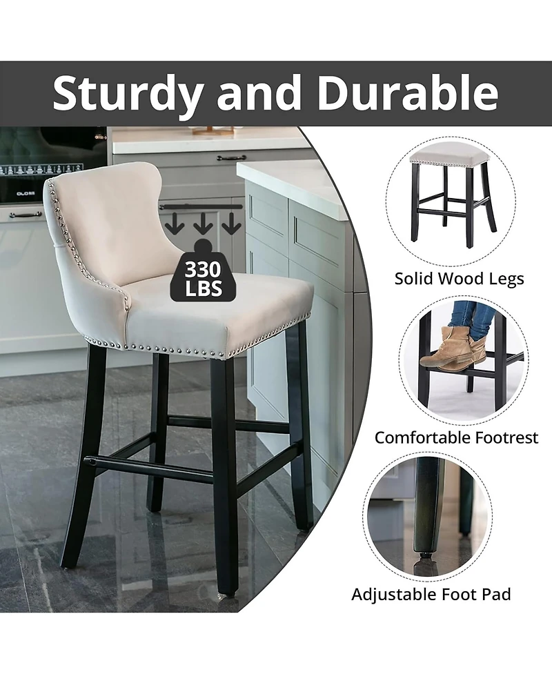 Rainsken Velvet Wingback Bar Stools Set of 2, Counter Height Chairs with Solid Wood Legs, Button Tufted and Nailhead Trim for Kitchen Island