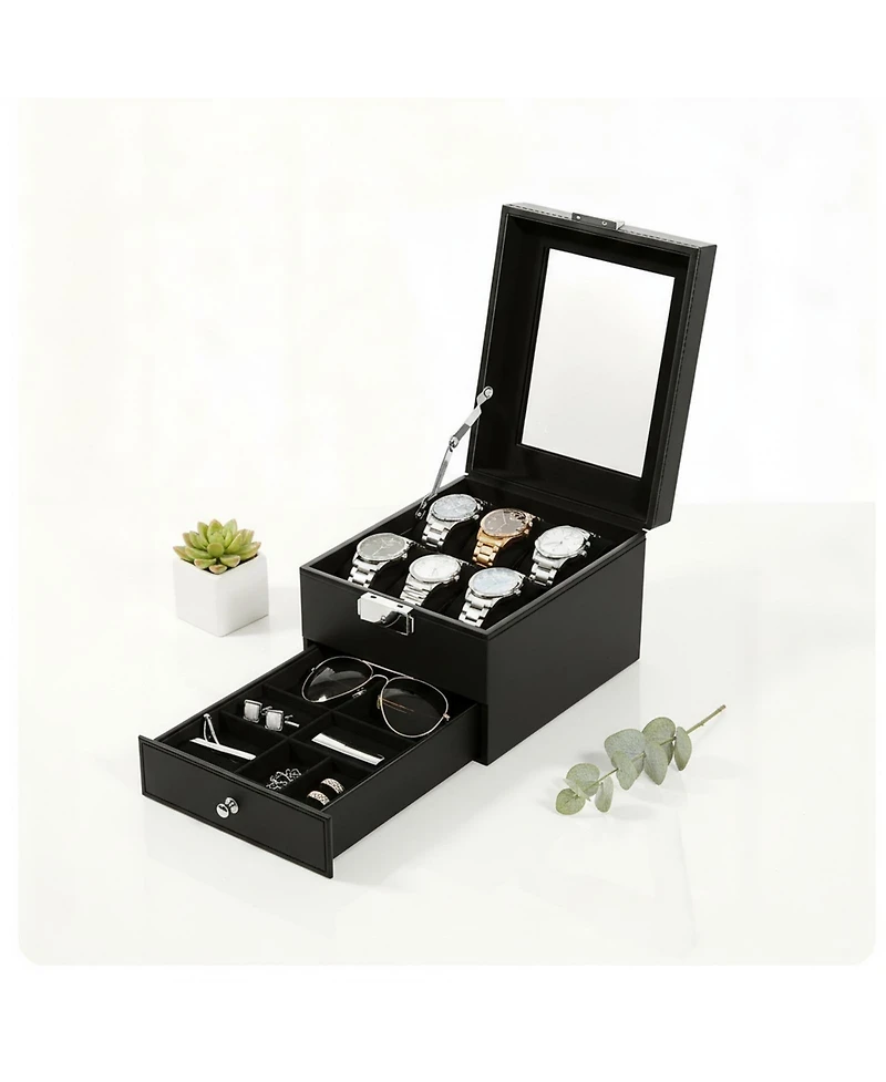 Yigii Watch Storage Box Pu Leather Glass Lid 2 Layers Soft Pillow Organizer for Watches Jewelry