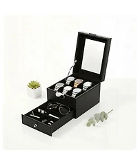 Yigii Watch Storage Box Pu Leather Glass Lid 2 Layers Soft Pillow Organizer for Watches Jewelry