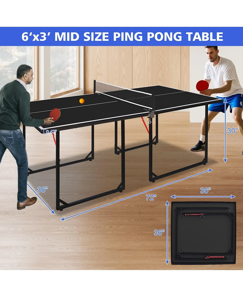 Rainsken 6FT Compact Foldable Ping Pong Table, All-in-One Table Tennis Set with Net, 2 Paddles and 3 Balls for Family Games