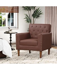 Gouun Mid-Century Button Tufted Accent Chair with Faux Leather Upholstery and Rivets