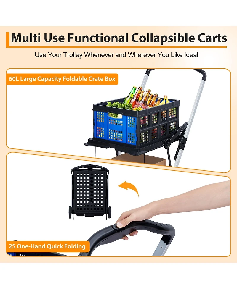 Homfan Collapsible Rolling Grocery Cart w/ Removable Basket and 360degree(s) Swivel Wheels, Lightweight Folding Utility for Shopping Office