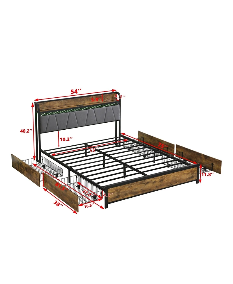 Lucky One Bed Frame, Storage Headboard with Charging Station and 4 Storage Drawers