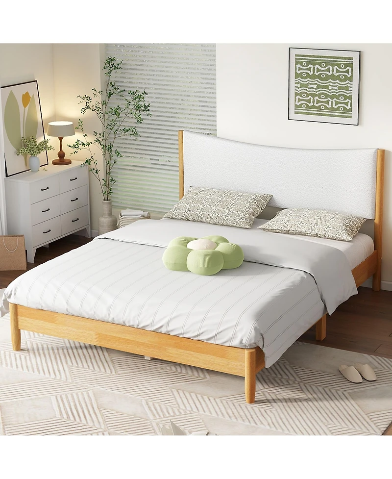 Clihome Solid Rubber Wooden Bed with Boucle Upholstered Headboard, Enhanced by Support Feet