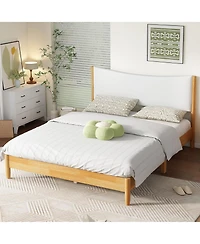 Clihome Solid Rubber Wooden Bed with Boucle Upholstered Headboard, Enhanced by Support Feet