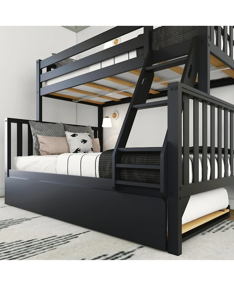 Max and Lily Bunk Bed Twin over Full with Trundle, Solid Wood Scandinavian Style Beds for Kids