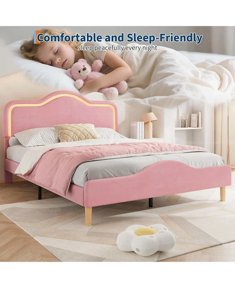 Homfan Kids Led Upholstered Bed Frame with Adjustable Headboard & Footboard, Sturdy Wooden Slats
