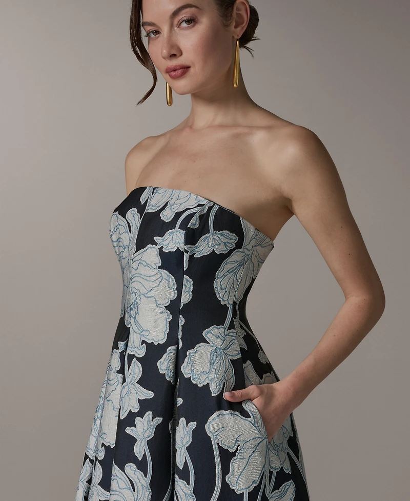 Donna Karan New York Women's Strapless Jacquard Fit & Flare Floral Midi Dress