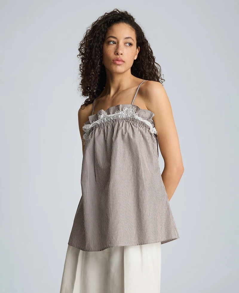 Kenneth Cole Women's Cotton Shirred Neck Lace Trim Camisole