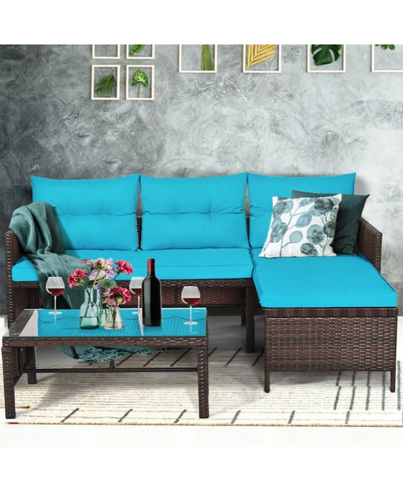 Clihome 3 Pieces Outdoor Patio Corner Rattan Sofa Set with Table