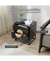 Gouun Mid-Century Fluted Nightstand with 2 Drawers and Pine Wood Handles