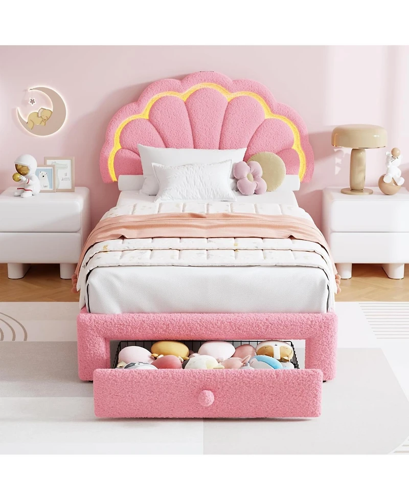 gaomon Upholstered Led Bed Frame with Storage Drawer and Adjustable Chic Headboard, Berber Fleece Princess Platform for Kids