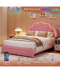 gaomon Upholstered Led Bed Frame with Storage Drawer and Adjustable Chic Headboard, Berber Fleece Princess Platform for Kids