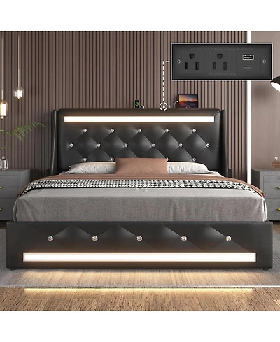 Lucky One Full Size Bed Frame with Led Lights, Upholstered Bed Frame with Charging Station