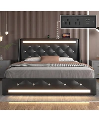 Lucky One Full Size Bed Frame with Led Lights, Upholstered Bed Frame with Charging Station