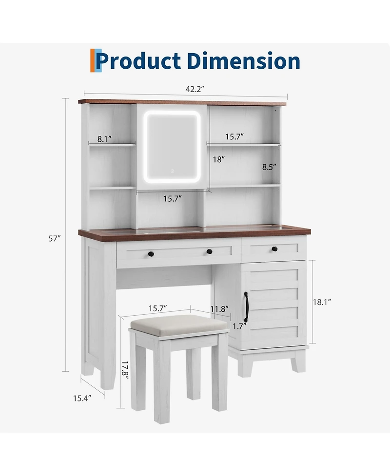 Homfan Farmhouse Makeup Vanity Desk with Lighted Mirror, Glass Top, Power Outlet, Upholstered Stool, Storage Drawers and Shelves