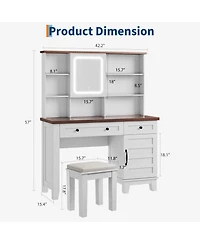 Homfan Farmhouse Makeup Vanity Desk with Lighted Mirror, Glass Top, Power Outlet, Upholstered Stool, Storage Drawers and Shelves