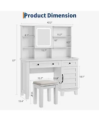 Homfan Farmhouse Makeup Vanity Desk with Lighted Mirror, Glass Top, Power Outlet, Upholstered Stool, Storage Drawers and Shelves