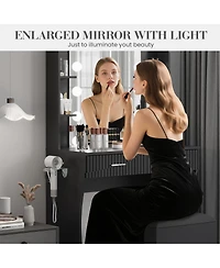 Homfan Makeup Vanity Desk with Mirror 12 Led Lights, Power Outlet, 2 Drawers, 6 Shelves, Hair Dryer Holder and Stool for Bedroom