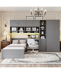 Streamdale Furniture Wooden Twin Platform Bed with Desk, Wardrobe, Cabinets, Drawers