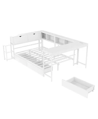 Lucky One Corner Bed Frame Full Size with Bookcase and 2 Underbed Storage Drawers