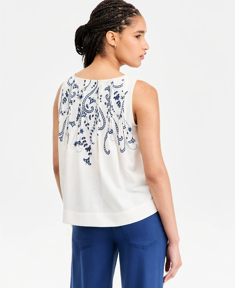 Liverpool Los Angeles Women's Sleeveless Boat-Neck Embroidered Woven Cotton Top
