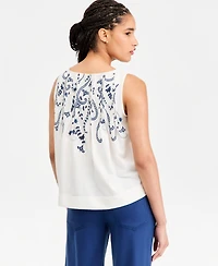 Liverpool Los Angeles Women's Sleeveless Boat-Neck Embroidered Woven Cotton Top