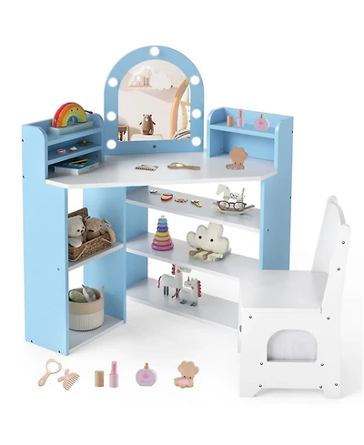 Gouun 2-in-1 Corner Kids Vanity Set with Led Lights and Chair