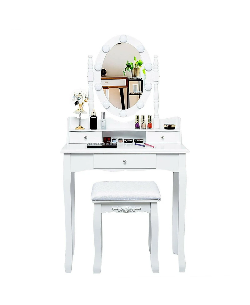 Gouun Oval Mirror Vanity Set with 10 Led Dimmable Bulbs, 3 Drawers and Stool