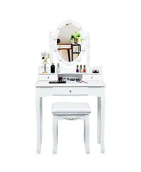 Gouun Oval Mirror Vanity Set with 10 Led Dimmable Bulbs, 3 Drawers and Stool
