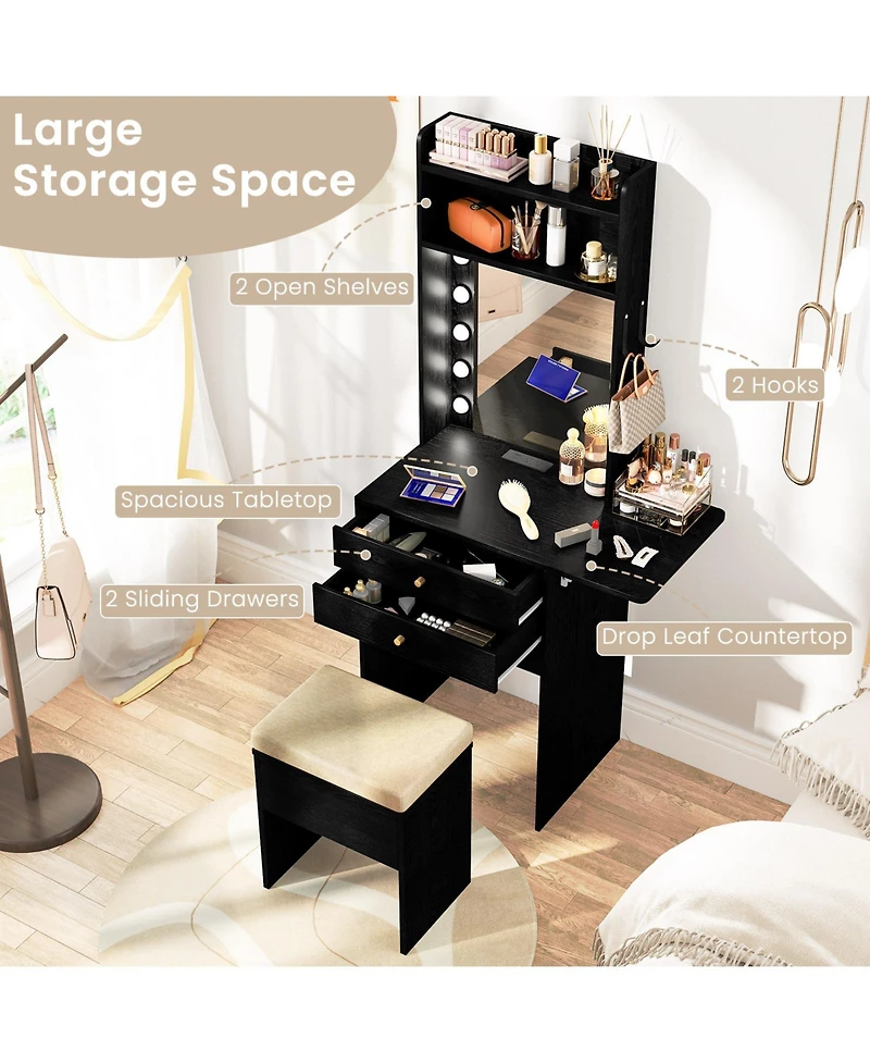 Gouun Compact Vanity Desk Set with 3-Color Lighted Mirror, Power Outlets and Stool