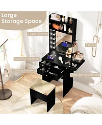 Gouun Compact Vanity Desk Set with 3-Color Lighted Mirror, Power Outlets and Stool