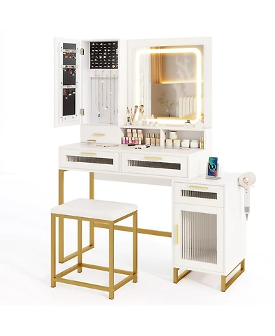 Gouun 44 in Makeup Vanity Desk and Stool Set with Lighted Mirror and Charging Station
