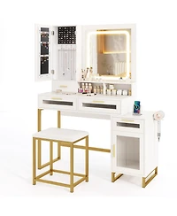 Gouun 44 in Makeup Vanity Desk and Stool Set with Lighted Mirror and Charging Station