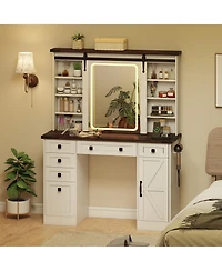 Gouun Farmhouse Vanity Desk with Barn-Style Sliding Mirror and 3 Lighting Modes