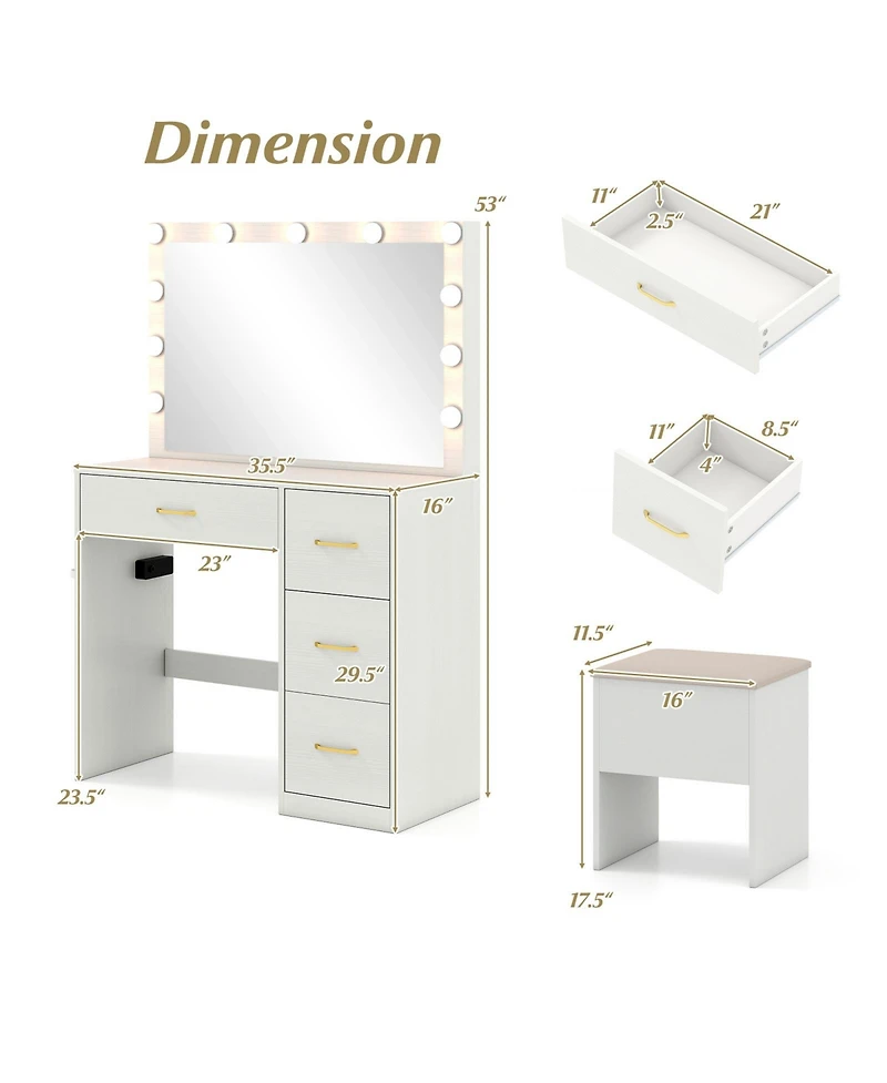 Gouun Vanity Desk with Led Lighted Mirror, 4 Drawers and Power Outlets