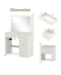 Gouun Vanity Desk with Led Lighted Mirror, 4 Drawers and Power Outlets
