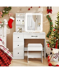 Gouun Vanity Desk with Sliding Mirror, Led Lights, 4 Drawers and Chair Set