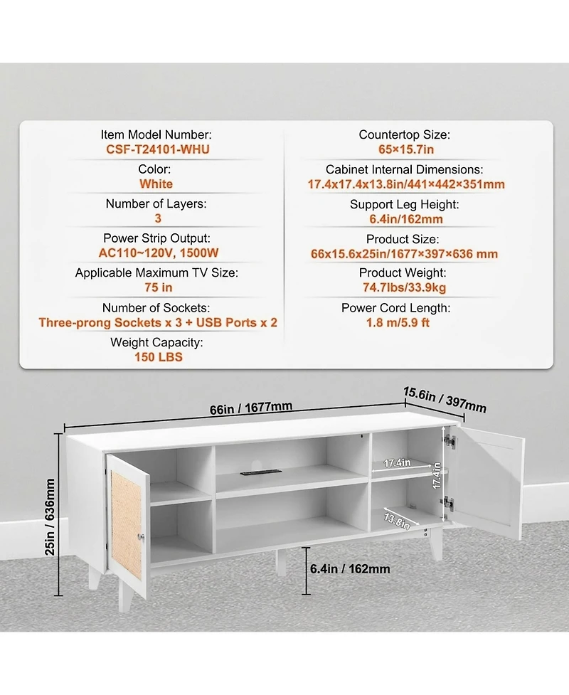 Gouun Boho Rattan Door 66-Inch Tv Stand with Built-In Power Outlets
